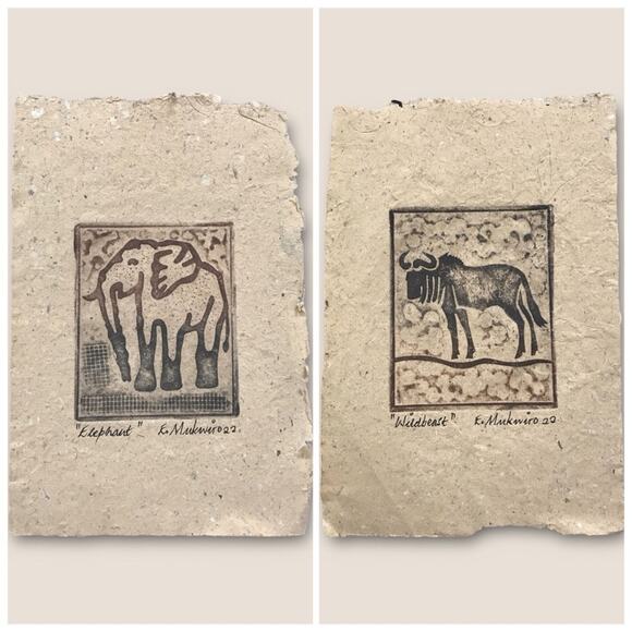 African Animal Print Etchings on Handmade Paper by Mukwiro Elephant & Wildbeast - Picture 1 of 8